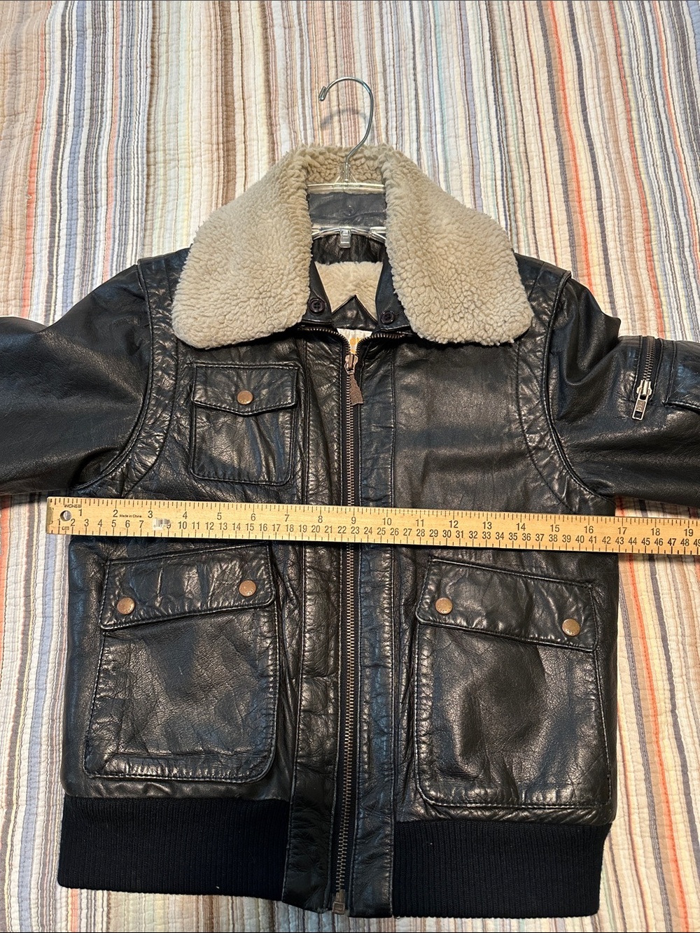 Vintage 1980’s Boys London Fog Black Real Leather Bomber Jacket Sherpa Collar - Picture 2 of 16